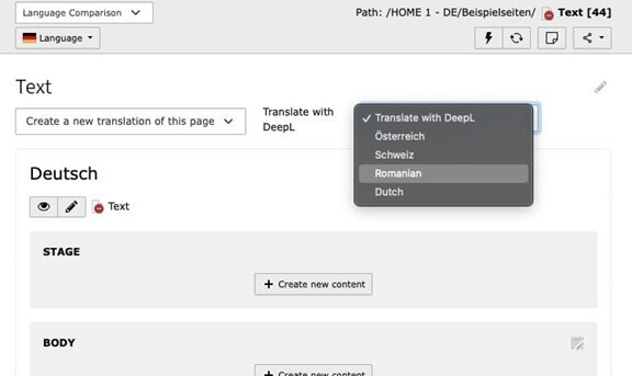 DeepL-Extension in TYPO3 v13 Auswahl der Zielsprache