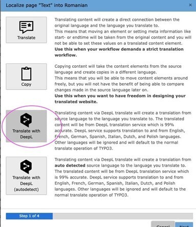 4 - DeepL-Extension in TYPO3 v13 Auswahl von DeepL für automatische Übersetzung