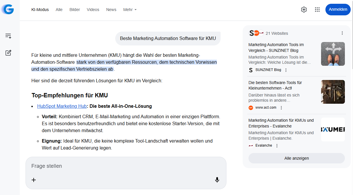 Beispiel für den Google AI Mode: Google erstellt eine KI-generierte Antwort auf Basis verschiedener Webquellen und zeigt diese direkt in der Suche an. Nutzer:innen können anschließend weitere Fragen stellen oder auf die zitierten Quellen zugreifen.
