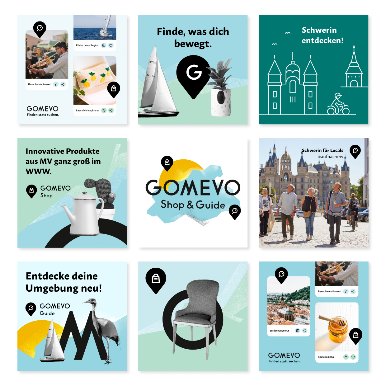 Collage mit neun Beispielen von Gomevo-Posts, die verschiedene Inhalte und Designs zeigen, übersichtlich angeordnet. Collage mit neun Beispielen von Gomevo-Posts, die verschiedene Inhalte und Designs zeigen, übersichtlich angeordnet.