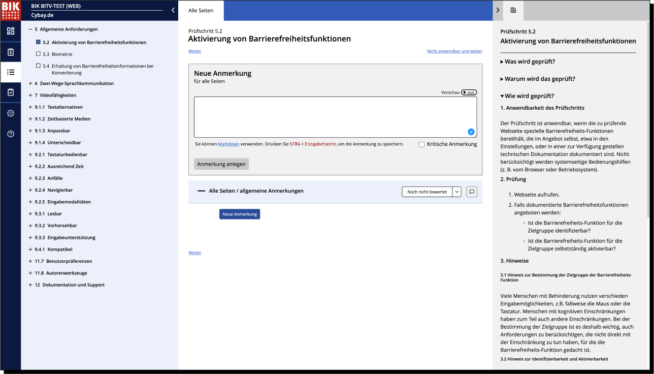 Screenshot des BITV 2.0 -Selbsttests zur Überprüfung der Barrierefreiheit von Webseiten.